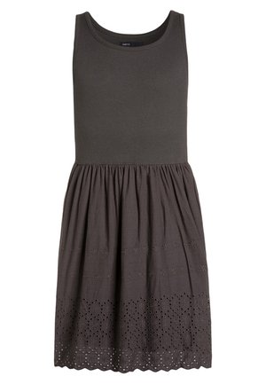 Vestido sin mangas de color gris oscuro con corpiño acanalado, falda fruncida y bordado floral con ojales a lo largo del dobladillo.