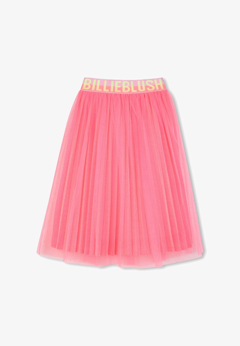 Jupe en tulle rose à design plissé, dotée d'une ceinture élastique brillante imprimée du mot "BILLIEBLUSH" en jaune. Texture légère et superposée.