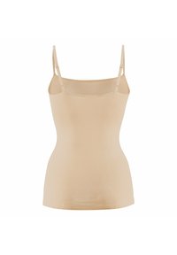 Top in camicie beige realizzato in tessuto liscio, con spalline sottili regolabili e un design aderente. Nessun motivo o decorazione.