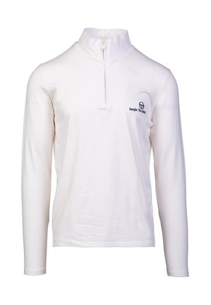 Chemise polo blanche à manches longues avec col zippé mi-hauteur. Présente un petit logo sur la poitrine. Fabriquée en tissu lisse et léger.