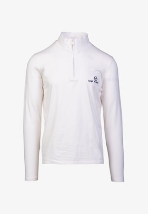 White long-sleeve polo shirt with a half-zip collar. Features a small logo on the chest. Made from smooth, lightweight fabric.