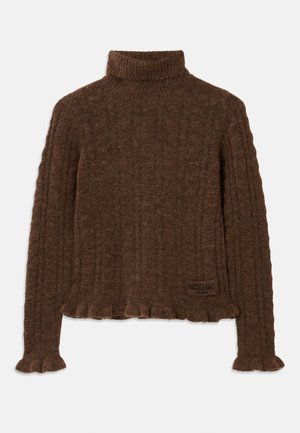 Smeđi rebrasti dukserica s visokim ovratnikom s teksturiranim završetkom, s volanima na rukavima i rubu, te malom oznakom brenda sa strane.