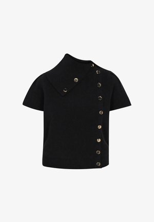 Must mustersweater, mille mustrenihakattee kaelus väärmiselt ja üks rida kuldseid nööpe, mis jooksevad diagonaalis eest.