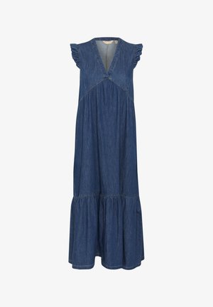 Sukienka dżinsowa z dekoltem w serek, falbanistymi rękawami i warstwowym dołem. Posiada detale przeszycia oraz luźny, swobodny krój.