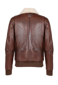 Hnědá kožená bomber bunda s límcem z beránčí kůže, žebrovanými manžetami a pasem, s hladkou texturou a jemnými detaily prošití.