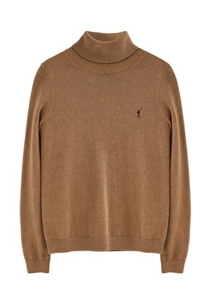 Brun rullekrave sweater lavet af blødt materiale, med ribbet halsudskæring og manchetter, samt et lille mørkt logo på brystet.