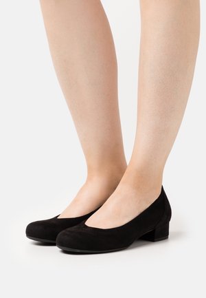 Ballet flats en cuir velours noir avec un bout arrondi, un petit talon carré et une découpe en V sur le cou-de-pied, présentant une texture lisse et un éclat subtil.