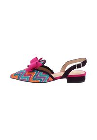 Sandal a punta colorato con cinturino posteriore, caratterizzato da un motivo a zigzag in turchese, arancione e rosa, con un dettaglio in fiocco rosa.