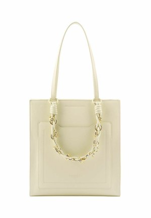 Beige Leder-Shopper mit langen Griffen und einem dekorativen verdrehten Riemen, der mit goldenen Ringen an der Fronttasche befestigt ist.