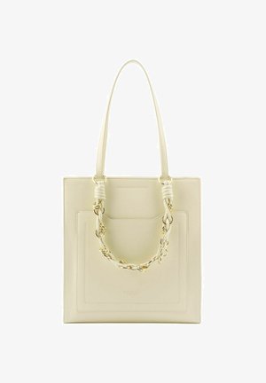 Beige Leder-Shopper mit langen Griffen und einem dekorativen verdrehten Riemen, der mit goldenen Ringen an der Fronttasche befestigt ist.