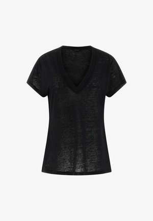 Melnas V-veida blūzes, īsas piedurknes, vieglas, nedaudz caurspīdīgas tekstūras, brīvs piegriezums, vienkāršs dizains bez rakstiem vai akcentiem.