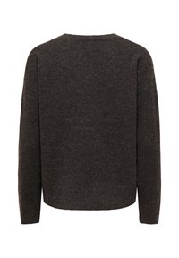 Pull tricoté à manches longues gris foncé vu de dos avec un col rond simple et un ourlet droit.
