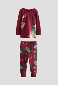 Burgundowy zestaw pidżamy dla dzieci, składający się z długiego rękawa z postaciami z Toy Story oraz spodni w wzory z animowanymi postaciami w różnych kolorach.