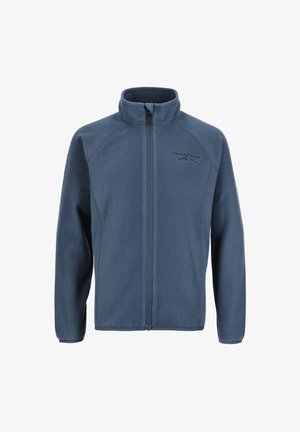 Blaue Fleecejacke mit durchgehendem Reißverschluss, hohem Kragen und langen Ärmeln, mit einem kleinen gestickten Berglogo auf der Brust.
