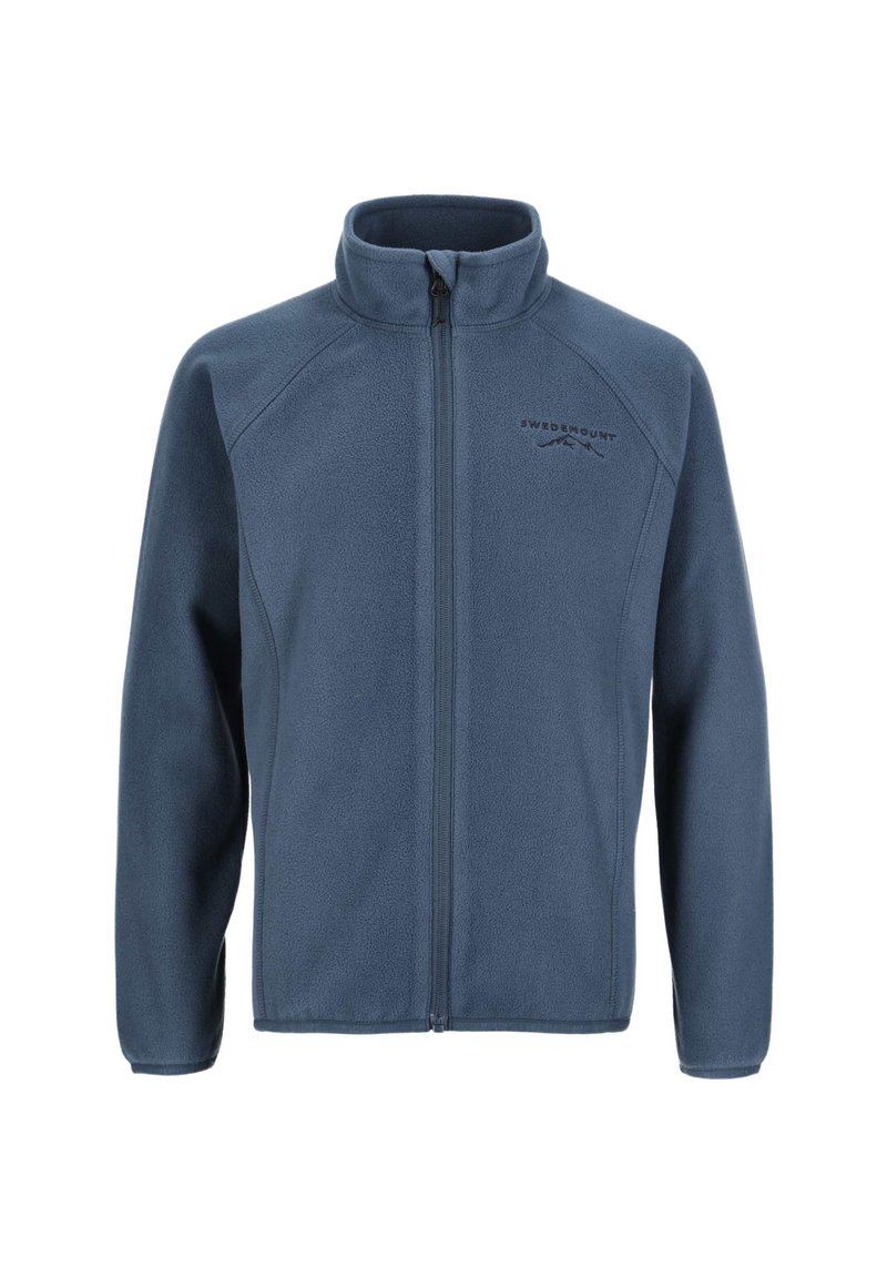 Sininen täysivetoketjullinen fleece-takki, jossa on korkea kaulus ja pitkät hihat. Takissa on pieni brodeerattu vuoristologo rinnassa.