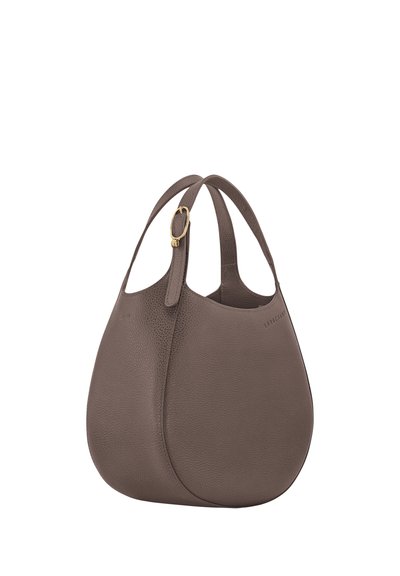 Brown leather handbag with soft, textured surface, curved shape, and dual handles. Features a gold-tone hardware accent and branded logo.