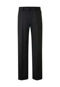 Pantalon noir, tailleur, à coupe droite, devant plat et fermeture à bouton. Fabriqué en tissu texturé, il dispose de passants de ceinture et de poches latérales.