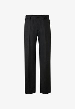 Zwarte, op maat gemaakte broek met een rechte snit, vlakke voorkant en knoopsluiting. Gemaakt van textiel met een structuur, voorzien van riemlussen en zijzakken.