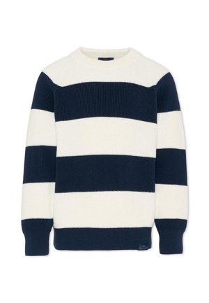 Sweter z dzianiny o okrągłym dekolcie, z szerokimi poziomymi paskami w kolorze granatowym i białym, długimi rękawami oraz ściągaczami przy mankietach i dole.