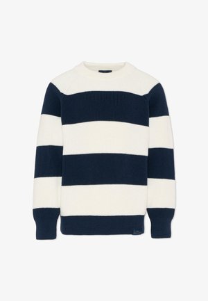 Maglione girocollo in maglia con ampie strisce orizzontali blu navy e bianche, maniche lunghe e polsini e orlo a coste.