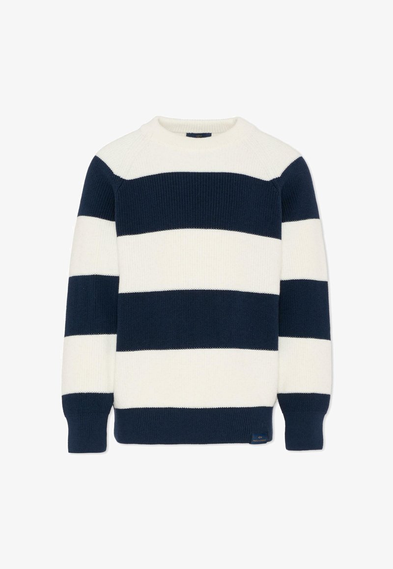 Maglione girocollo in maglia con ampie strisce orizzontali blu navy e bianche, maniche lunghe e polsini e orlo a coste.