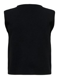Gilet tricoté noir sans manches avec un col rond et un ourlet droit, présenté sur un fond uni.