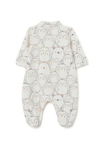Body de bebé blanco con un patrón repetido de pingüinos con suaves contornos grises y sutiles acentos naranjas, hecho de una tela suave y texturizada.