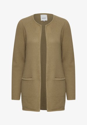 Cardigan à manches longues en tissu tricoté brun clair, avec un col rond, une ouverture sur le devant et deux poches avant. Surface texturée.