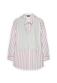 Camicia a maniche lunghe a righe con linee verticali bianche e bordeaux, dotata di un gilet lucido argentato sovrapposto e un design con colletto classico.