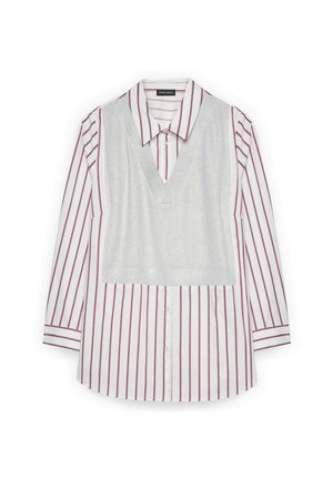 Gestreepte lange mouw shirt met witte en bordeaux verticale lijnen, voorzien van een glanzende zilveren vestoverlay en een klassieke kraagontwerp.