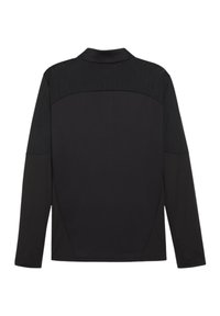 Zwarte langole shirt met een kraagontwerp, voorzien van gestructureerde bovenpanelen en gladde ondersecties. Naadloze constructie verbetert de pasvorm.