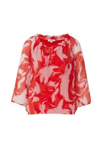 Blouse transparente rouge et rose avec un motif floral, encolure ronde, détail de cordon de serrage et manches trois-quarts. Tissu léger et fluide.
