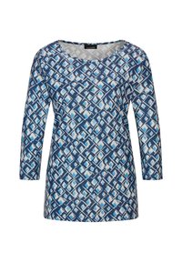 Bluse mit blau-weißen Muster, einem Bootsausschnitt und Dreiviertelärmeln. Sie hat ein diamantförmiges Design und eine weiche Stofftextur.