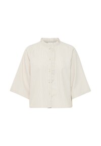 Vit blus med korta ärmar och subtila vertikala ränder, rund rynkad krage och knäppning framtill. Lättviktigt tyg med avslappnad passform.