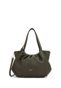 Borsa a mano in pelle verde con design arricciato, manici doppi e tracolla rimovibile. Presenta hardware in tonalità oro e dettaglio con logo.