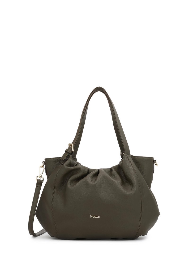 Borsa a mano in pelle verde con design arricciato, manici doppi e tracolla rimovibile. Presenta hardware in tonalità oro e dettaglio con logo.