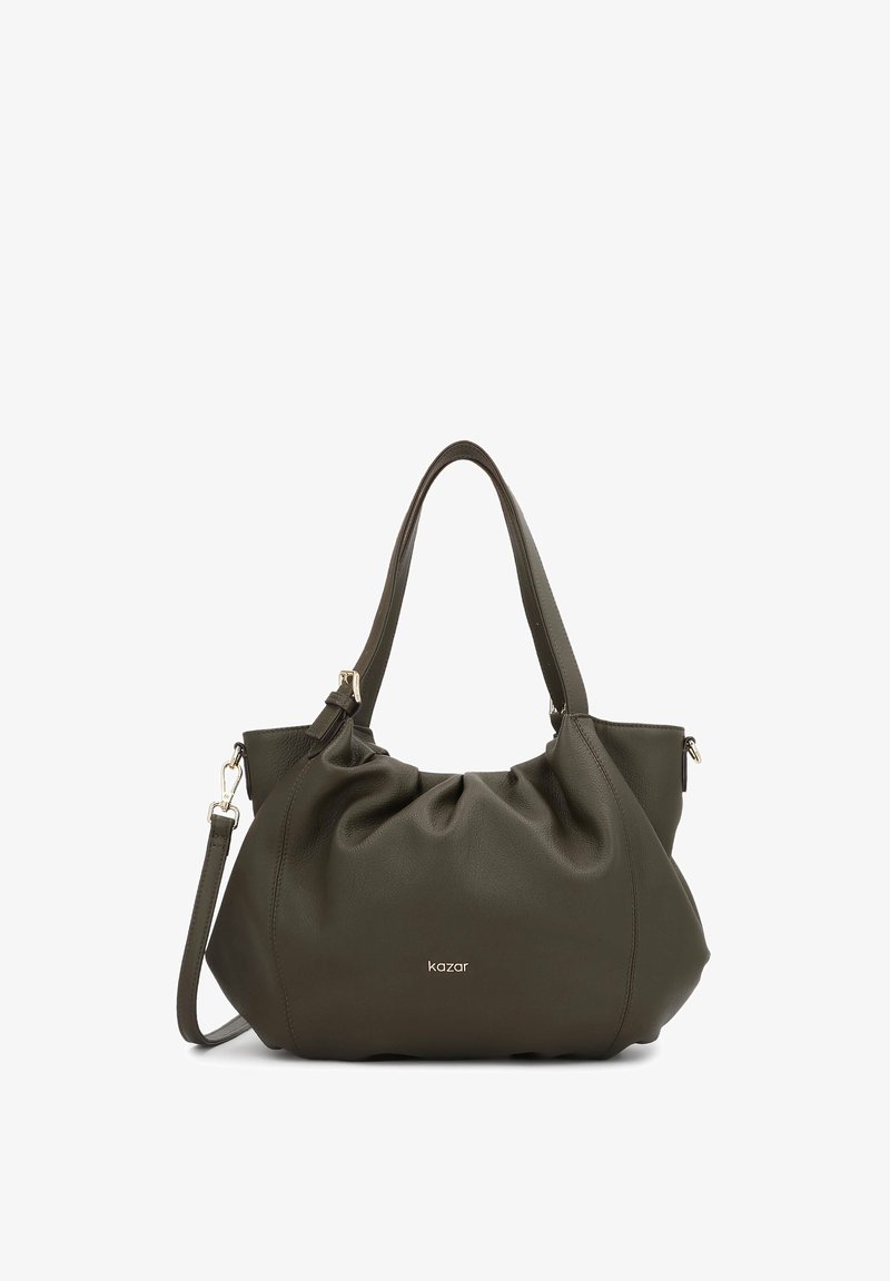 Vihreä nahkakäsilaukku, jossa on laskostettu muotoilu, kaksinkertaiset kahvat ja irrotettava olkahihna. Varustettu kultasävyisillä tarvikkeilla ja logotunnuksella.