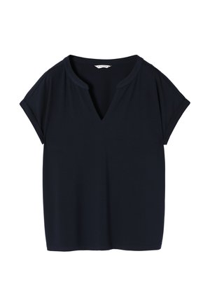 Navy blue short-sleeve T-shirt with a V-neck and relaxed fit. Soft fabric, plain design, and no visible patterns or embellishments.