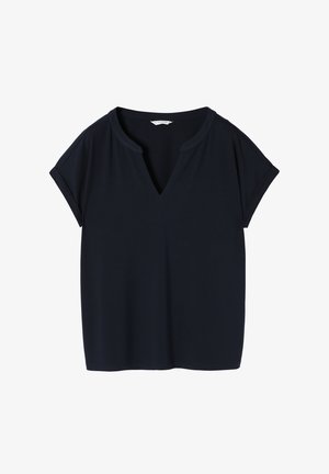 Navy blue short-sleeve T-shirt with a V-neck and relaxed fit. Soft fabric, plain design, and no visible patterns or embellishments.