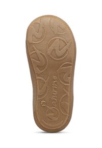 Suela de zapato de goma en marrón claro con un patrón texturizado, que presenta diseños circulares y una punta redondeada. Material resistente y flexible.