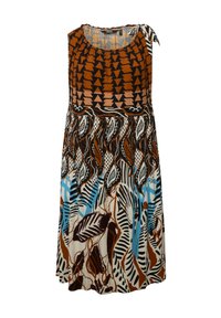 Robe sans manches avec un motif géométrique et de feuilles marron, noir et crème, dotée d'un col froncé et d'un détail à nouer à l'épaule.