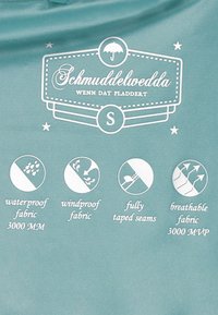 Türkizkék vízálló anyag fehér ikonokkal és szöveggel, amely a szélállóságot, a teljes varrásragasztást és a légáteresztő képesség értékeléseit jelzi. Méret: S.