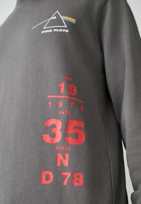 Grå sweatshirt med et hvidt logo med en regnbuetrikant. Rød tekst med inkluderede datoer og tal på siden, med en tekstureret fornemmelse.