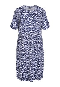 Kurzes Kleid mit kurzen Ärmeln in Marineblau und Weiß mit abstraktem Muster, lockere Passform und runder Halslinie. Weicher Stoff, knielanges Design.