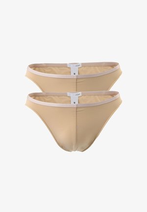 Beżowe majtki bikini z gładkiego, elastycznego materiału z bezszwowym wykończeniem i kontrastującym paskiem w talii. Pokazane dwie pary, rozmiar M.