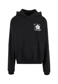 Fekete kapucnis pulóver, puha szövetből készült, elöl zseb található, húzózsinórral ellátva, grafikai tervezéssel, amelyen egy virág látható a "ELVESZETT FIATALSÁG" felirattal.