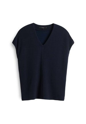 Haut bleu marine à manches courtes avec un col en V, présentant un tissu texturé et une silhouette en A. Pas de motifs ou de détails en métal proéminents.