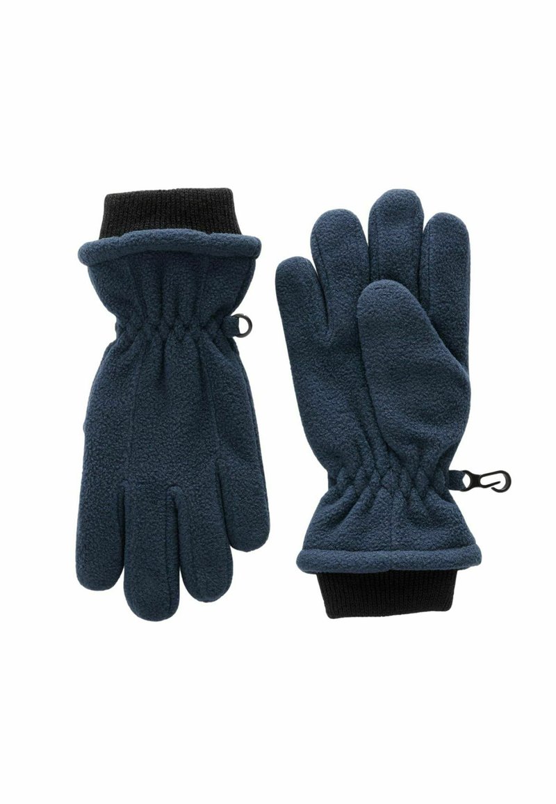 Gants en polaire bleu foncé avec un serrage élastique, des poignets ribbed noirs et un crochet pour fixation ; leur texture douce offre chaleur et confort.