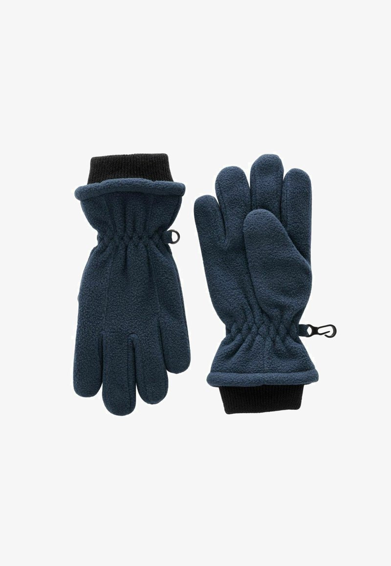 Fleecehandsker i mørkeblå med elastisk snoretræk, ribbede sorte manchetter og en krog til fastgørelse; blød tekstur giver varme og komfort.