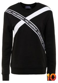 Sudadera negra con una audaz franja diagonal blanca que repite el texto "KARL LAGERFELD", cuello redondo y puños y dobladillo acanalados.